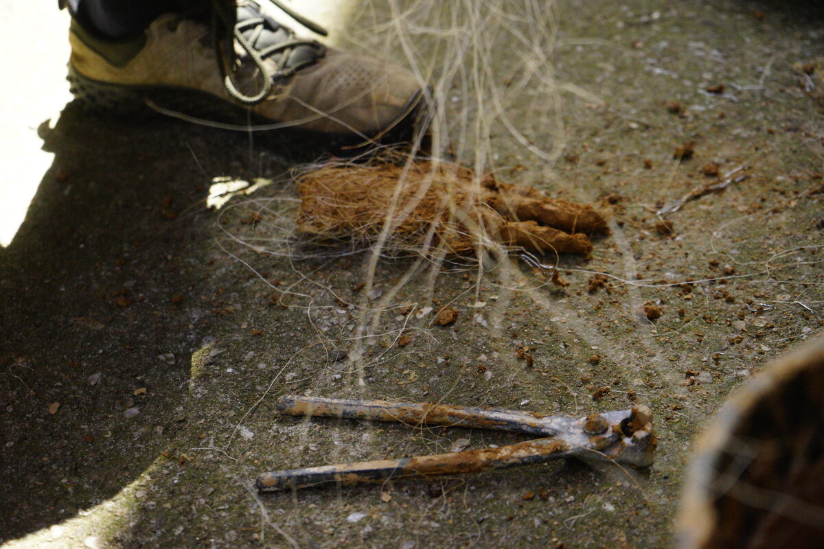 Semiostalgia P0011 — Sculpture fraîche, en terre crue, filasse végétale, grillage à poule, Saint-Antonin-Noble-Val