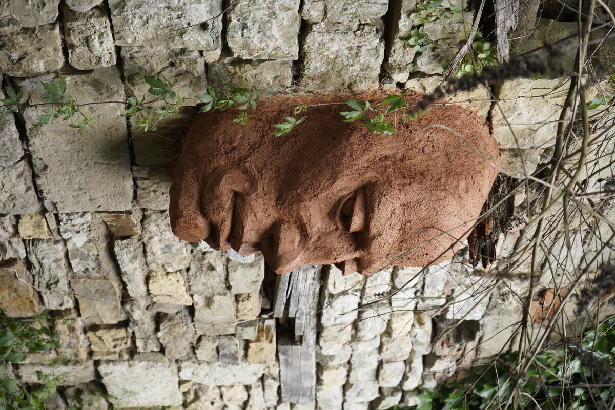 Semiostalgia P0013 — Sculpture fraîche, en terre crue, sable, filasse végétale, paille, grillage à poule, sur mur de pierre calcaire, Saint-Antonin-Noble-Val