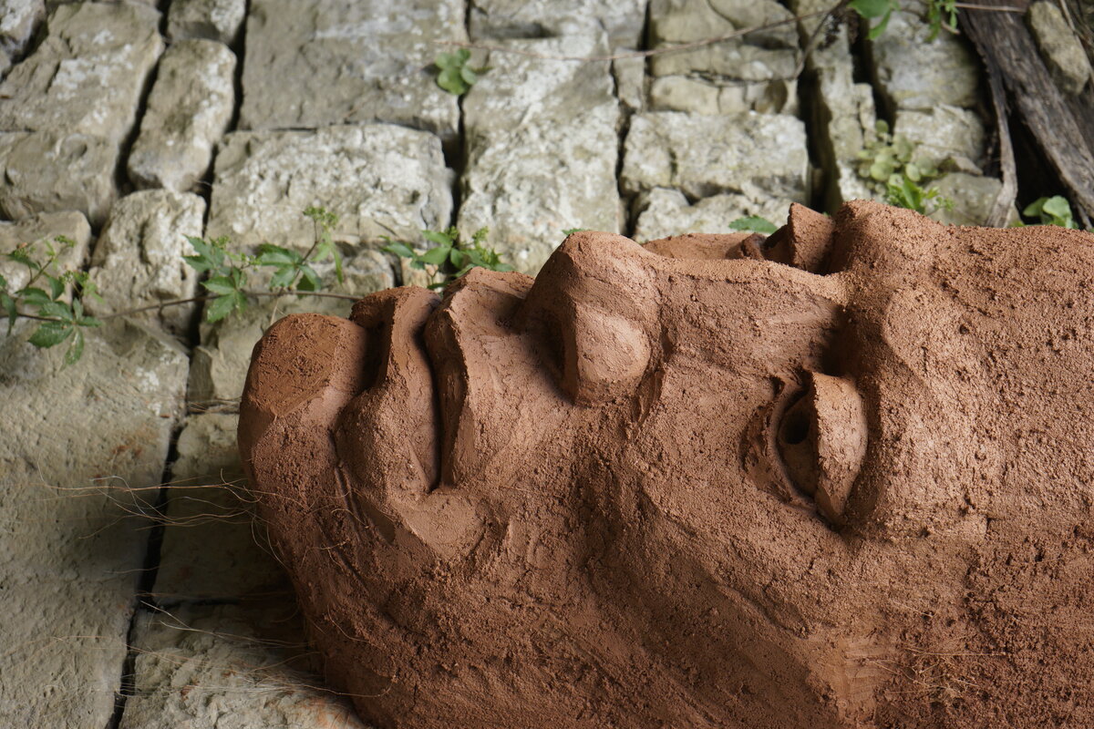 Semiostalgia P0013 — Sculpture fraîche, en terre crue, sable, filasse végétale, paille, grillage à poule, sur mur de pierre calcaire, Saint-Antonin-Noble-Val