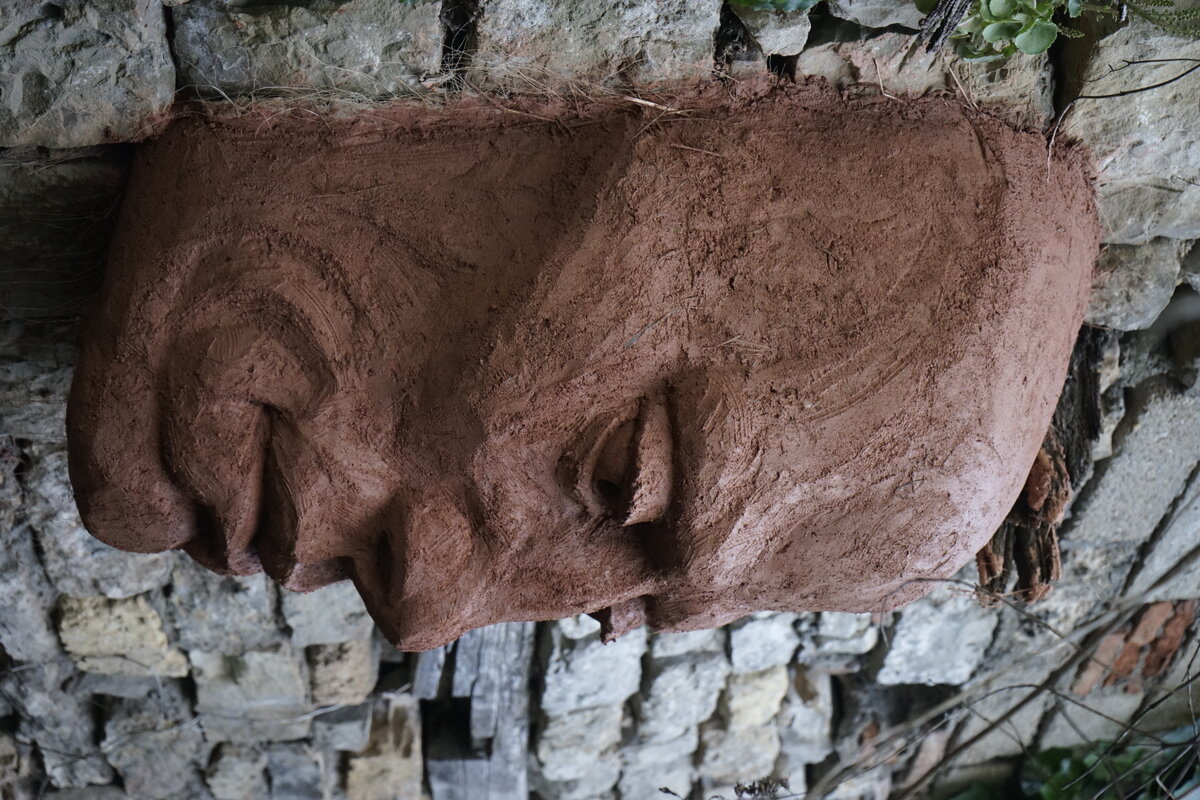 Semiostalgia P0013 — Sculpture fraîche, en terre crue, sable, filasse végétale, paille, grillage à poule, sur mur de pierre calcaire, Saint-Antonin-Noble-Val
