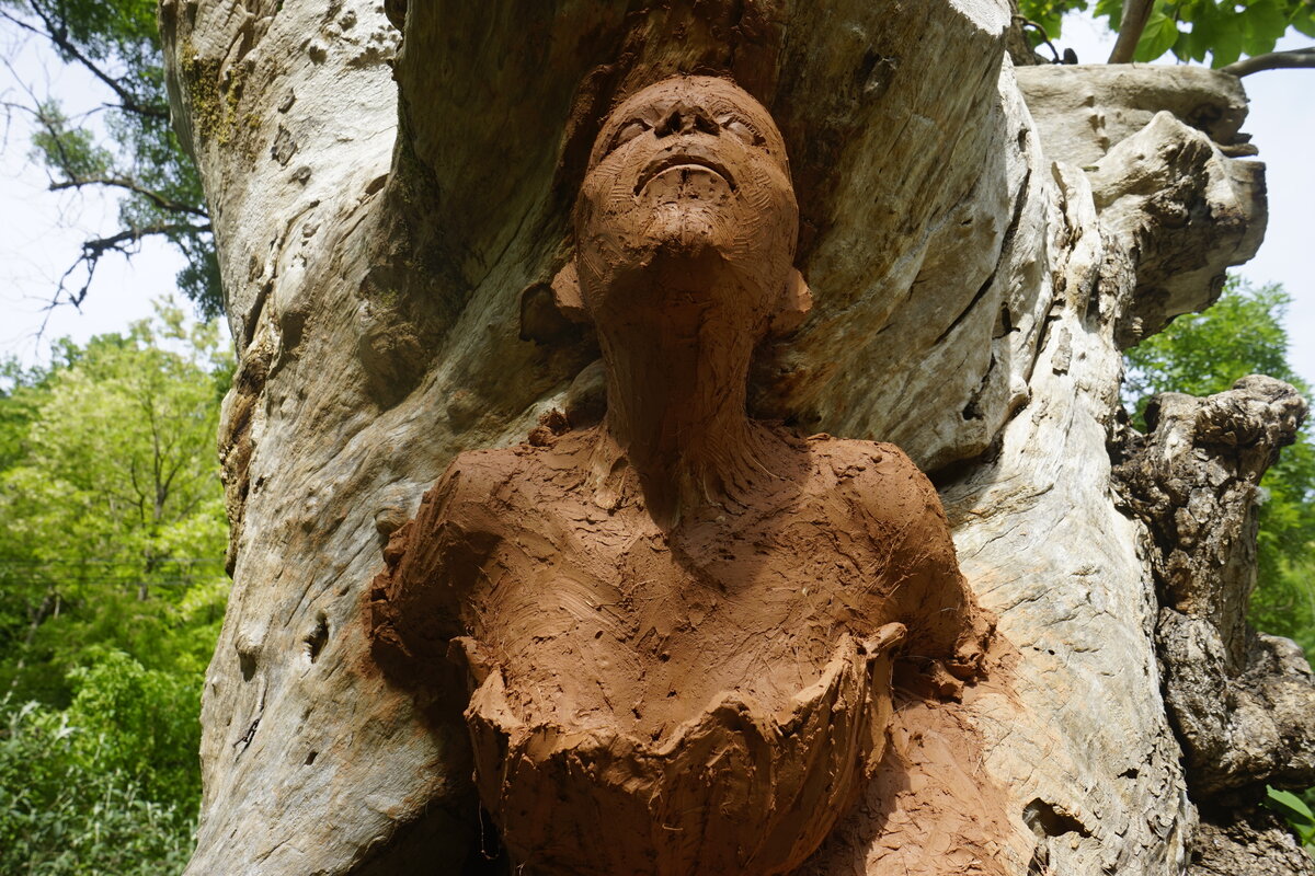 Semiostalgia P0014 — Sculpture fraîche, en terre crue, filasse végétale, grillage à poule, Saint-Antonin-Noble-Val