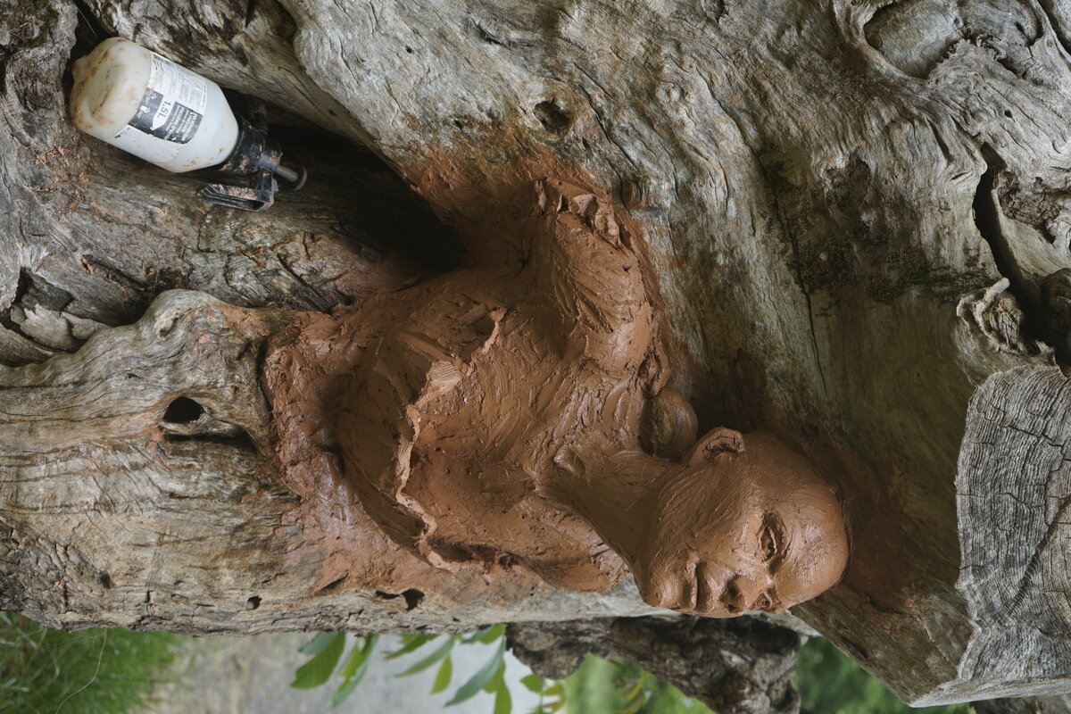 Semiostalgia P0014 — Sculpture fraîche, en terre crue, filasse végétale, grillage à poule, Saint-Antonin-Noble-Val