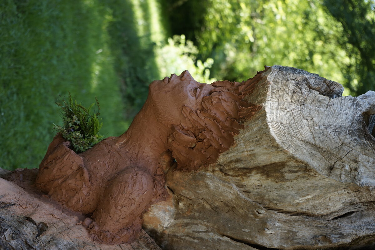 Semiostalgia P0014 — Sculpture fraîche, en terre crue, filasse végétale, grillage à poule, Saint-Antonin-Noble-Val