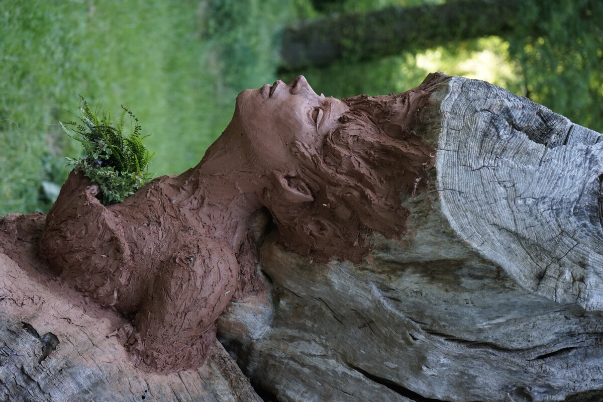 Semiostalgia P0014 — Sculpture en cours de séchage, en terre crue, filasse végétale, grillage à poule, Saint-Antonin-Noble-Val
