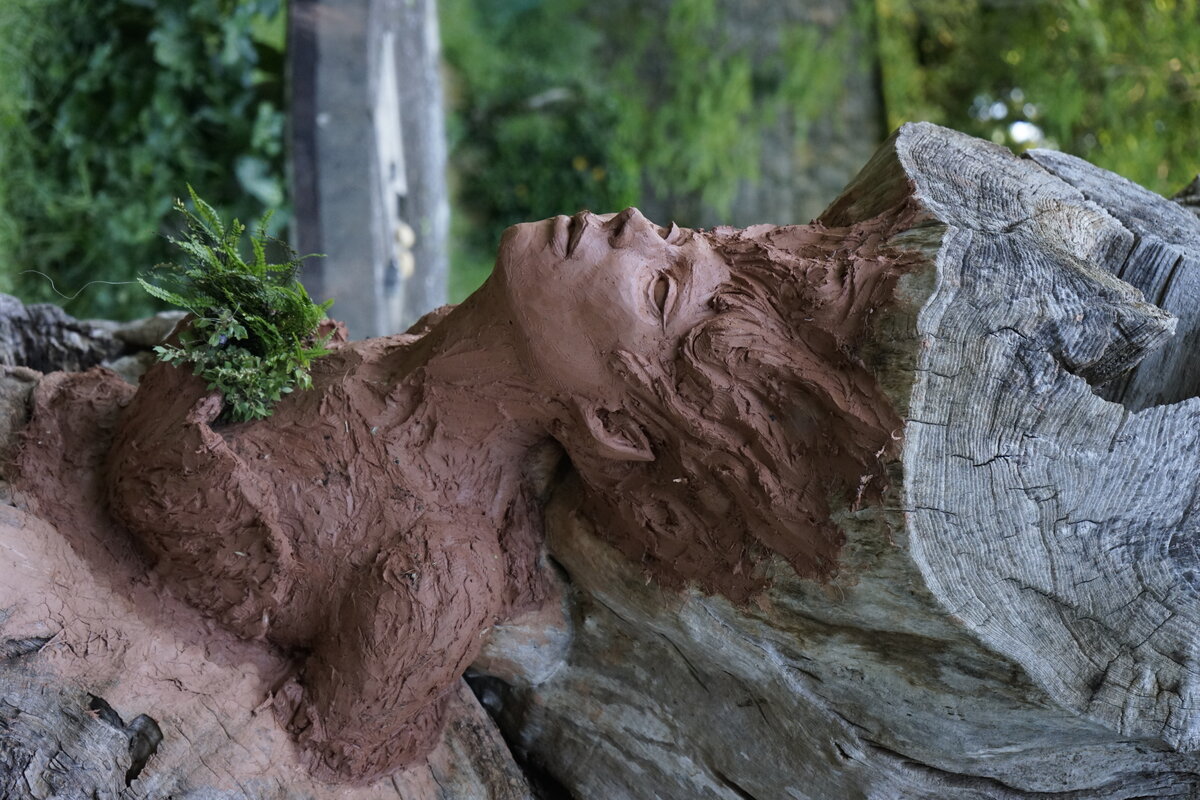 Semiostalgia P0014 — Sculpture en cours de séchage, en terre crue, filasse végétale, grillage à poule, Saint-Antonin-Noble-Val