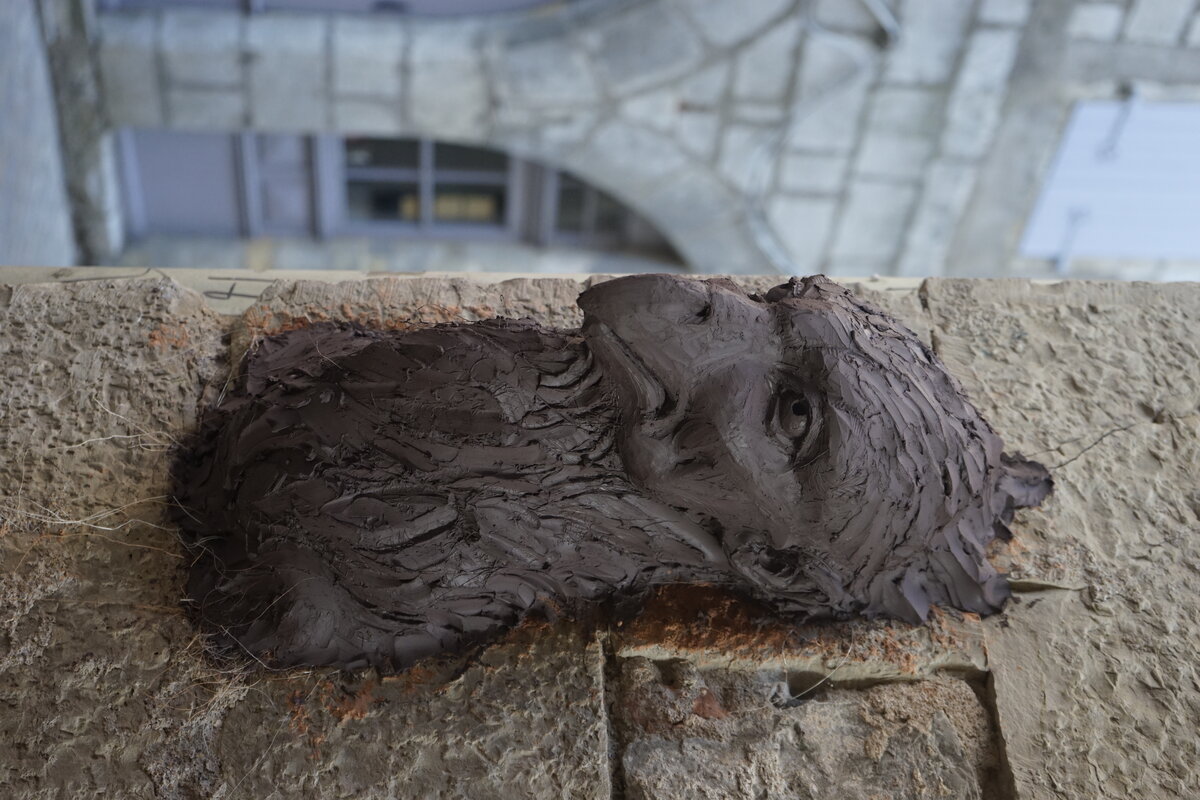 Semiostalgia P0016 — Sculpture fraîche, en terre crue, filasse végétale, grillage à poule, Saint-Antonin-Noble-Val