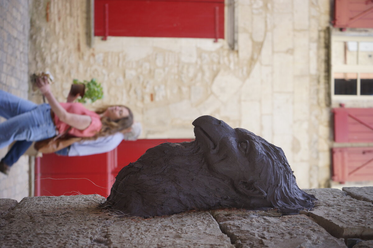 Semiostalgia P0016 — Sculpture fraîche, en terre crue, filasse végétale, grillage à poule, Saint-Antonin-Noble-Val