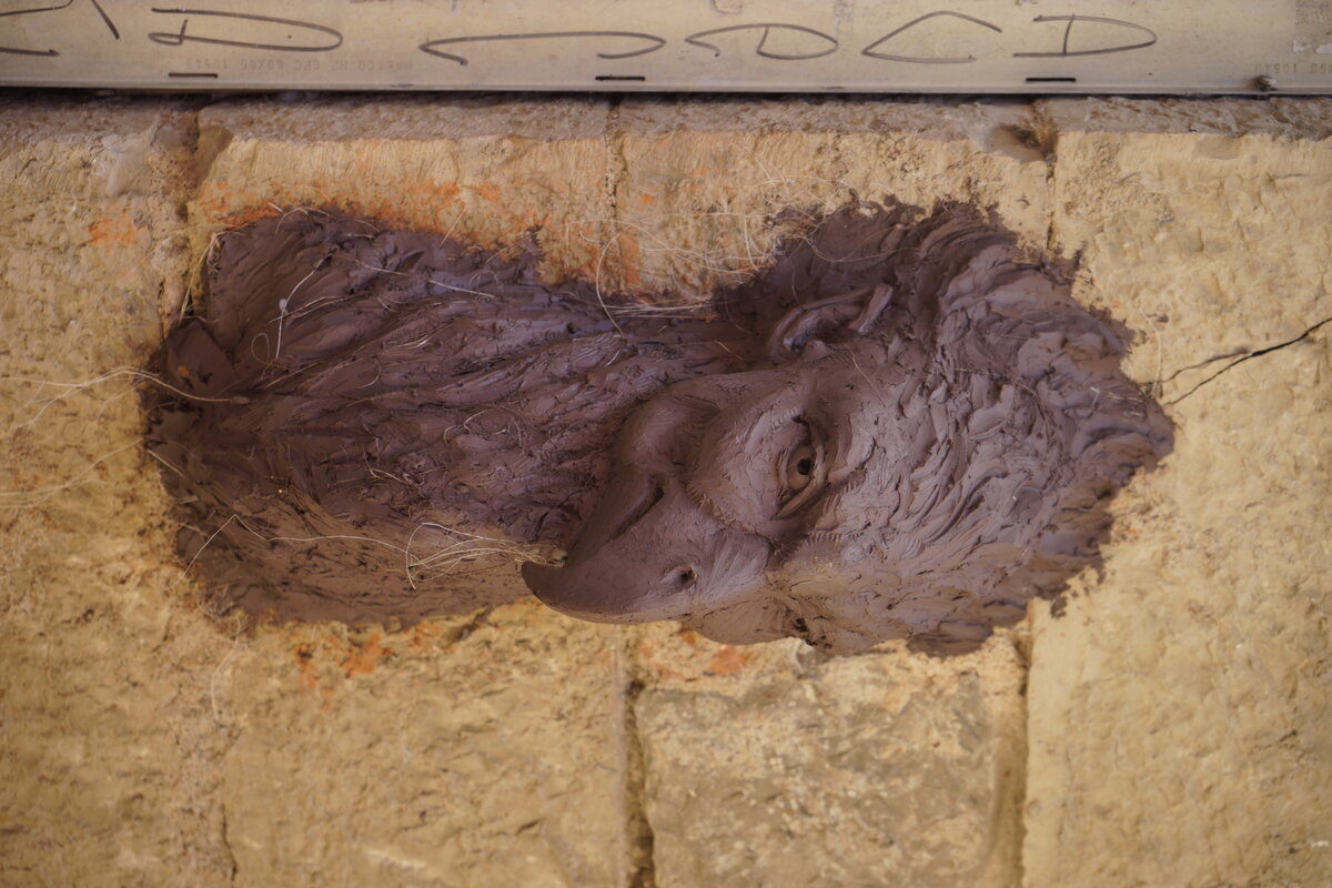 Semiostalgia P0016 — Sculpture fraîche, en terre crue, filasse végétale, grillage à poule, Saint-Antonin-Noble-Val
