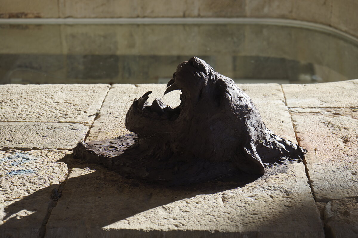 Semiostalgia P0017 — Sculpture fraîche, en terre crue, filasse végétale, grillage à poule, Saint-Antonin-Noble-Val